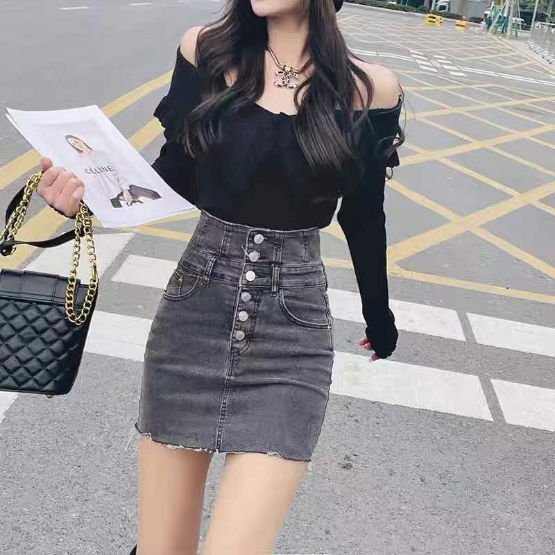 タイトスカート 腰高フロントボタンデニムタイトスカート