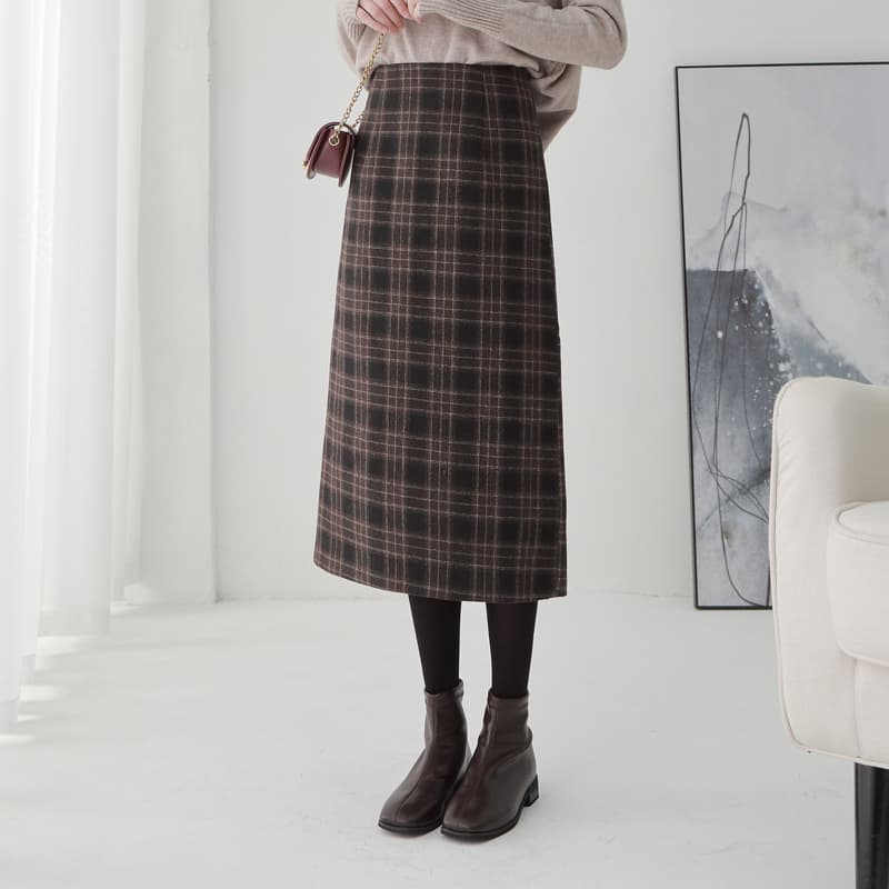 タイトスカート 上品チェック柄ウール混タイトスカート