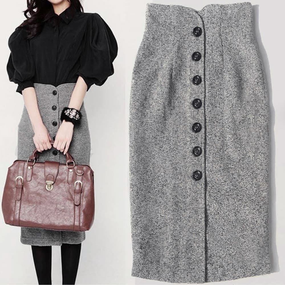 タイトスカート ツイード調フロントボタンひざ丈ペンシルスカート