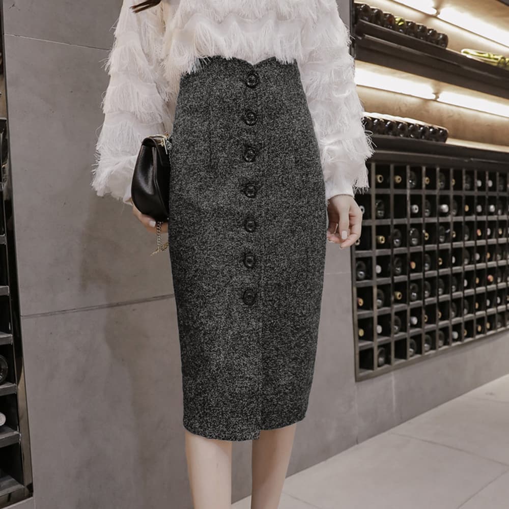 タイトスカート ツイード調フロントボタンひざ丈ペンシルスカート