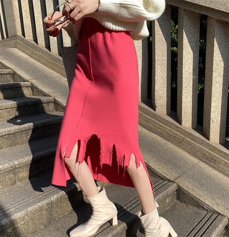 タイトスカート 裾ほつれニットロングスカート タイト美シルエット