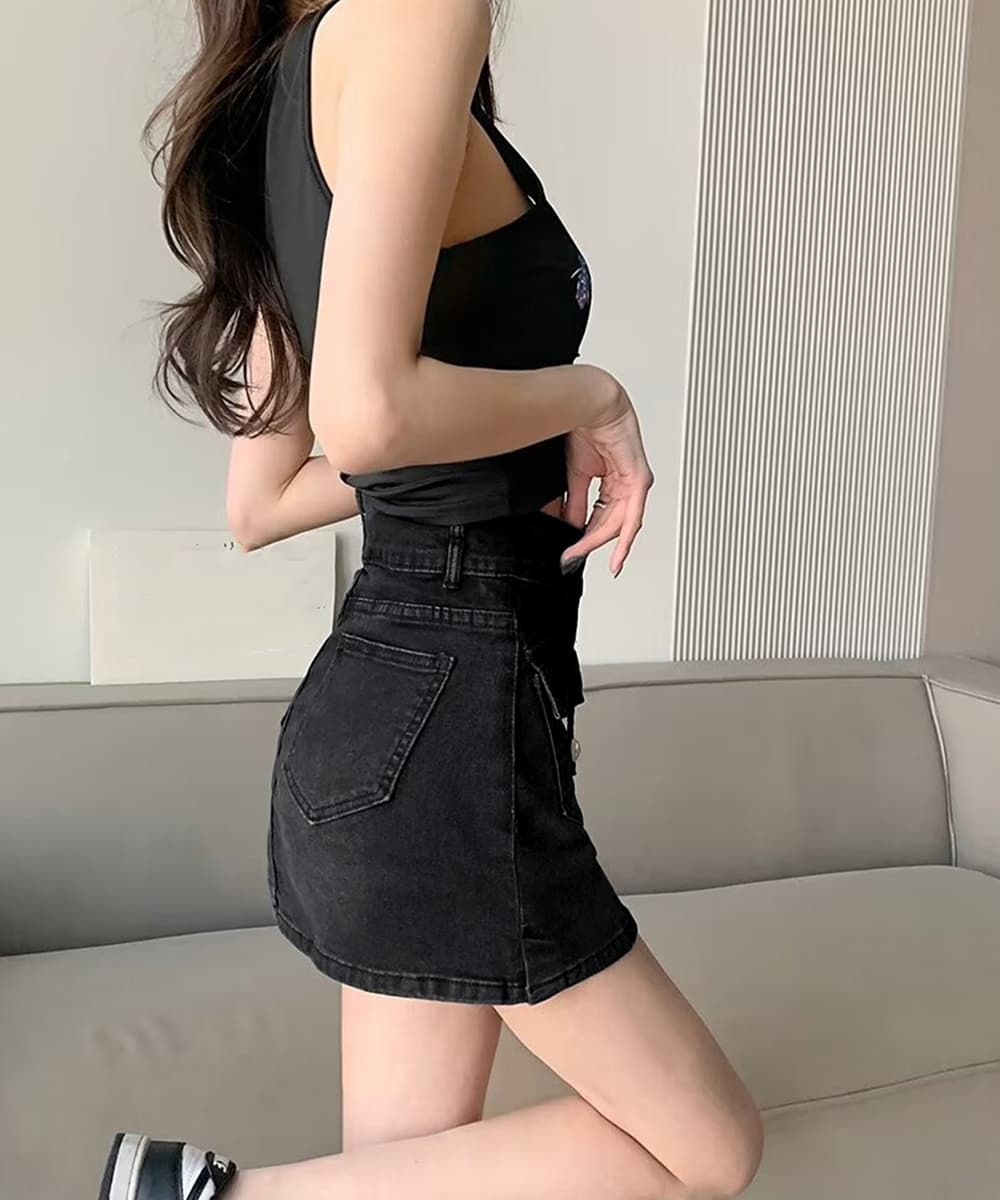 タイトスカート ハイウエストミニデニムスカート カーゴポケット付