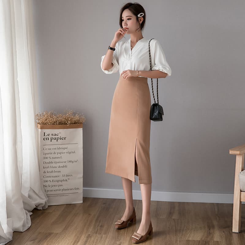 タイトスカート フロントスリット入りひざ丈タイトスカート