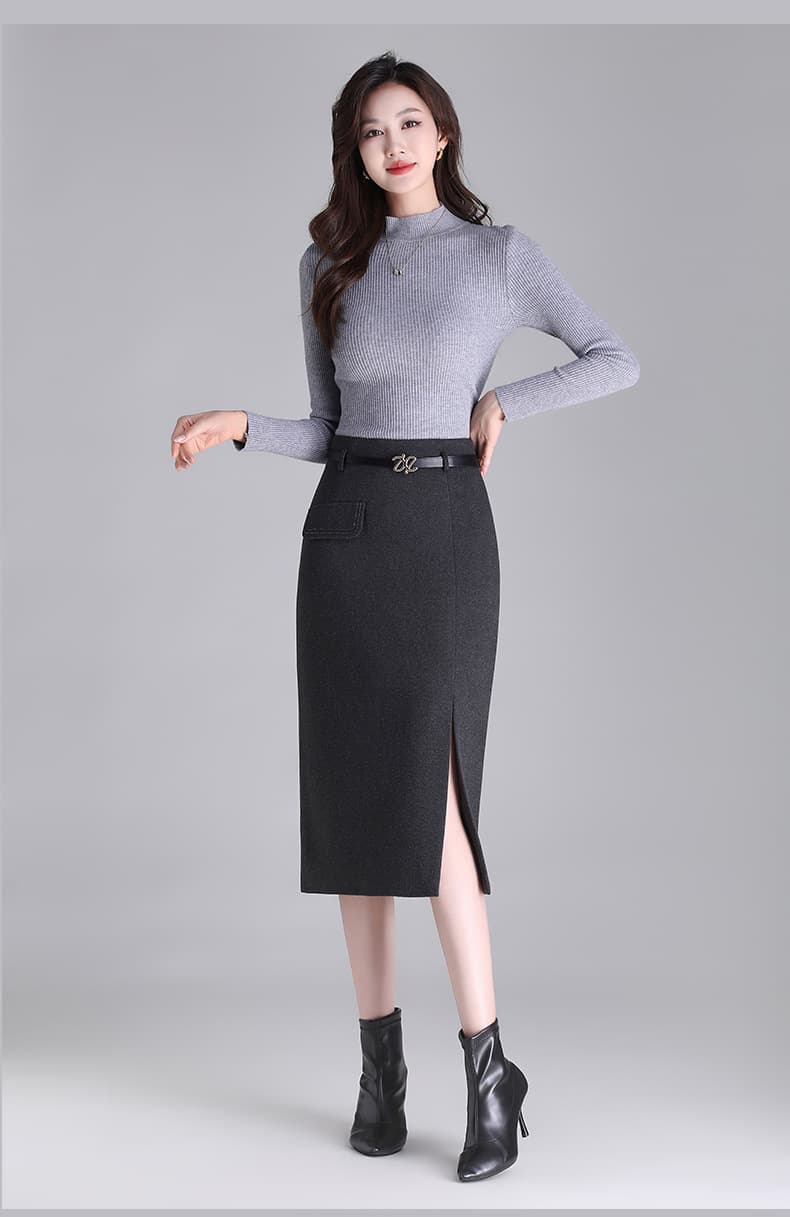 タイトスカート 上品なベルト付きスリット入りタイトスカート