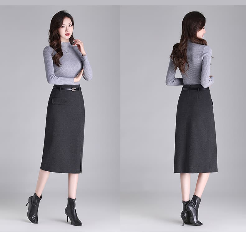 タイトスカート 上品なベルト付きスリット入りタイトスカート