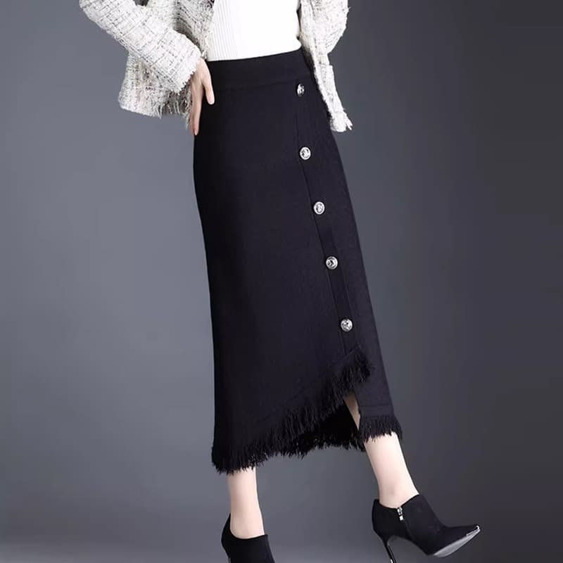 タイトスカート フリンジ裾金属ボタンタイトスカート