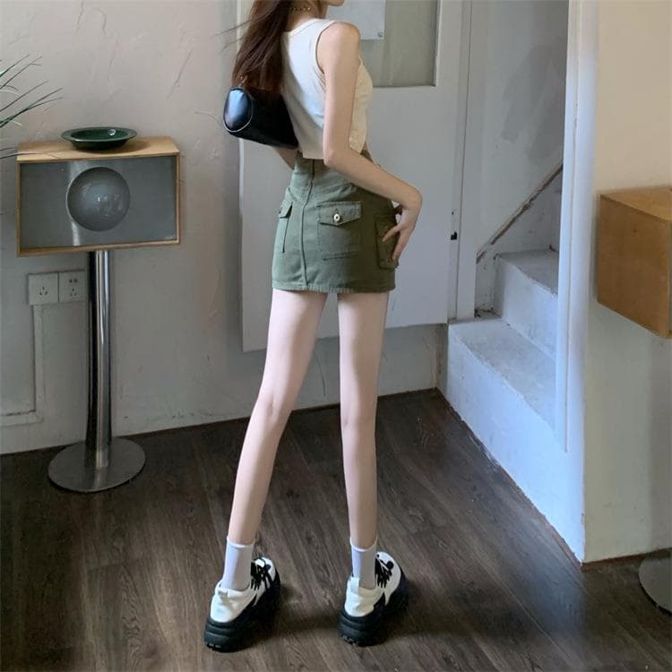 タイトスカート カーゴポケット付きデニム風タイトミニスカート