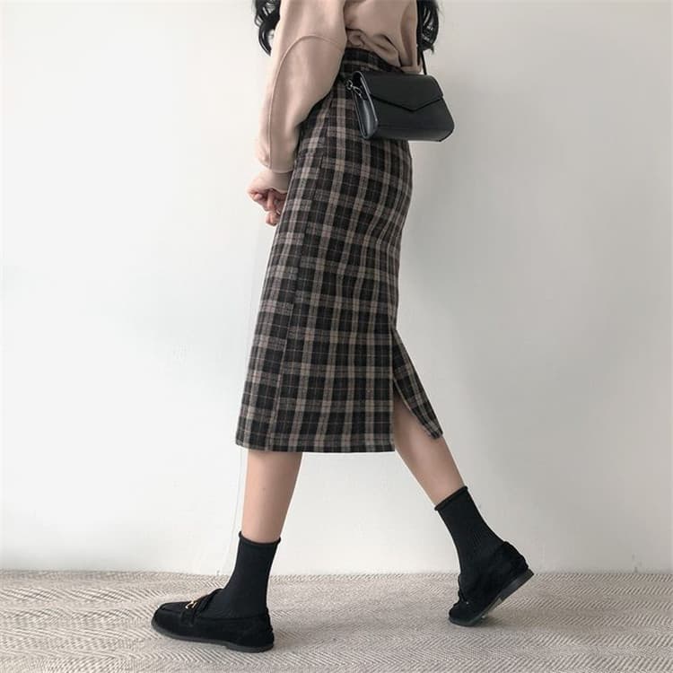 チェック柄ひざ丈ハイウエストタイトスカート学院風