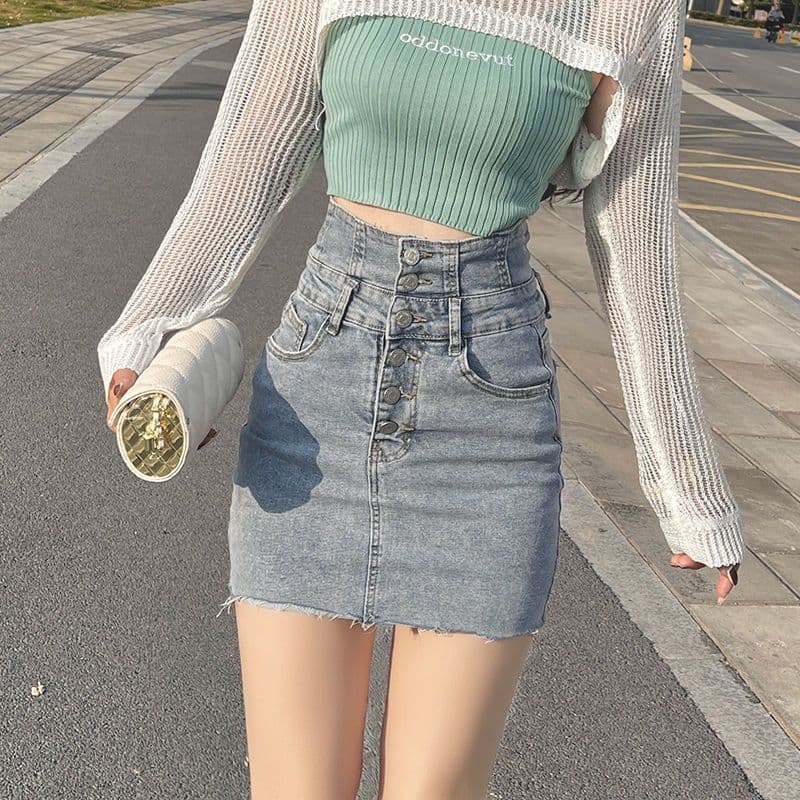 タイトスカート 腰高フロントボタンデニムタイトスカート