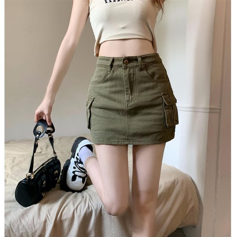 タイトスカート カーゴポケット付きデニム風タイトミニスカート