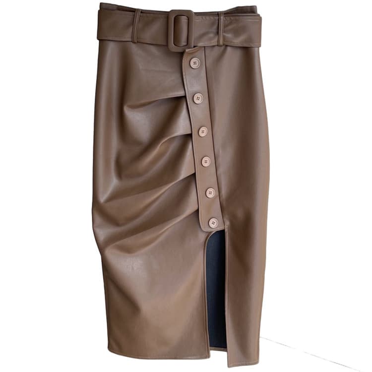 ベルト付きひざ丈合皮タイトスカート スリット入り