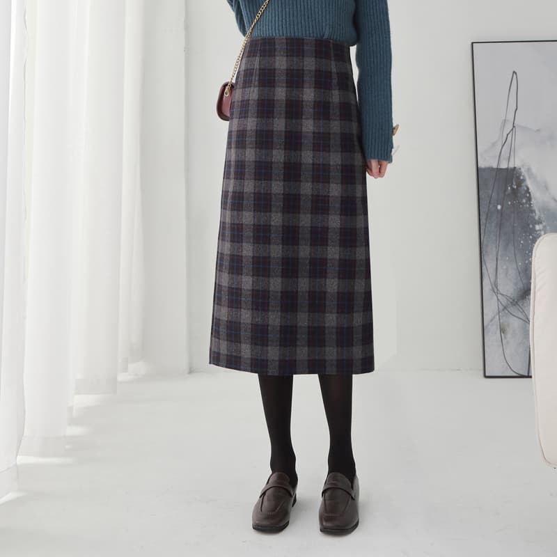 タイトスカート 上品チェック柄ウール混タイトスカート