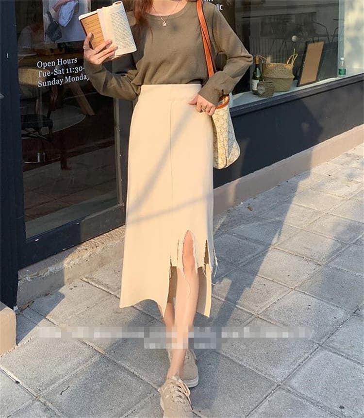 タイトスカート 裾ほつれニットロングスカート タイト美シルエット