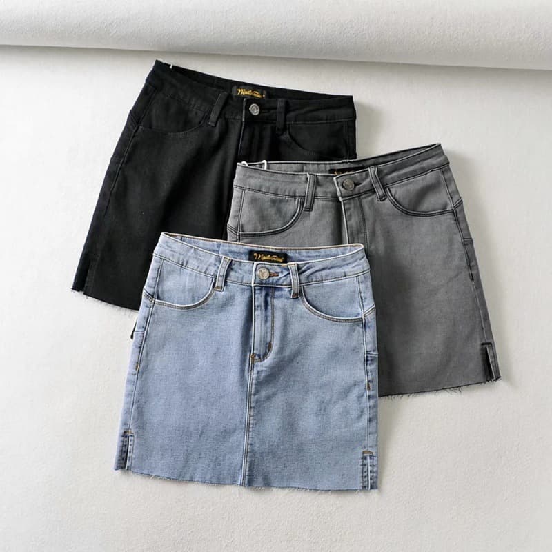 タイトスカート デニムフリンジ裾タイトミニスカート