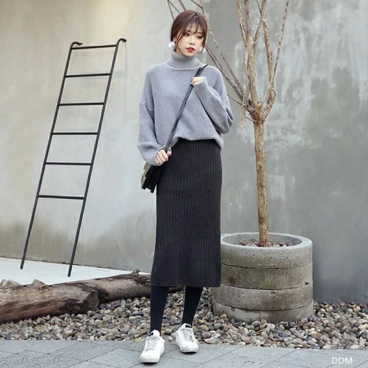 美脚ロング丈リブニットタイトスカート きれいめボトムス