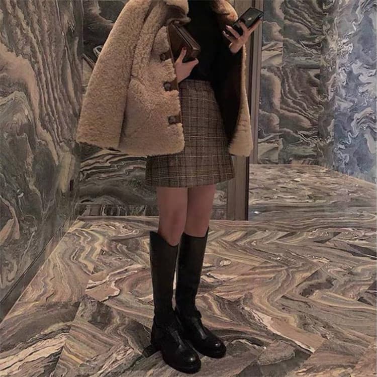 タイトスカート 大きいサイズ対応 格子縞ハイウエストミニスカート上品