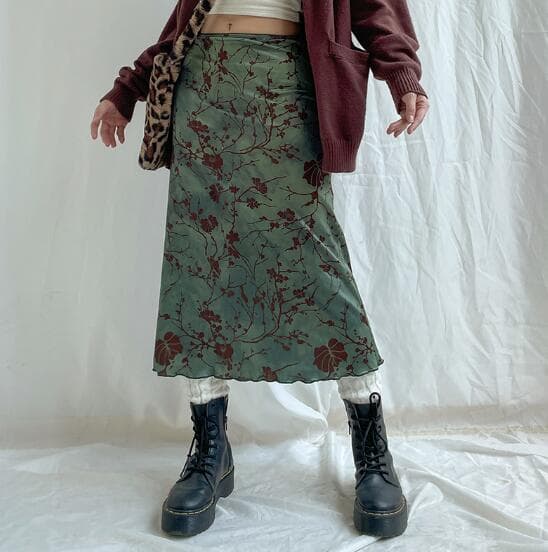 花柄ロング丈ハイウエストタイトスカート復古風