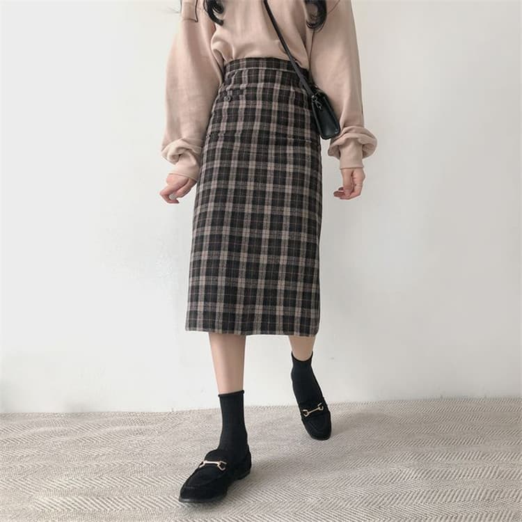 チェック柄ひざ丈ハイウエストタイトスカート学院風
