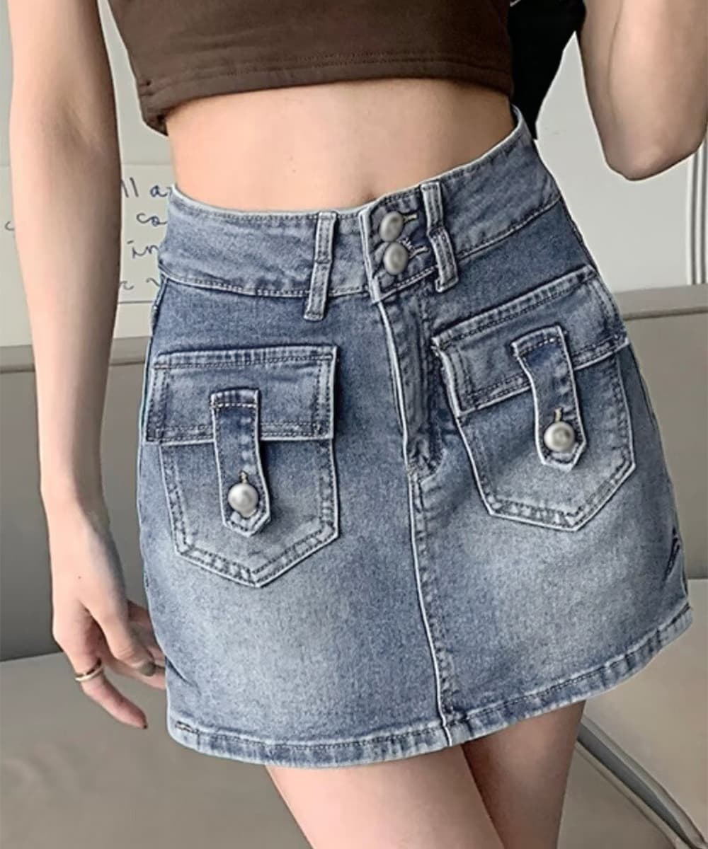 タイトスカート ハイウエストミニデニムスカート カーゴポケット付