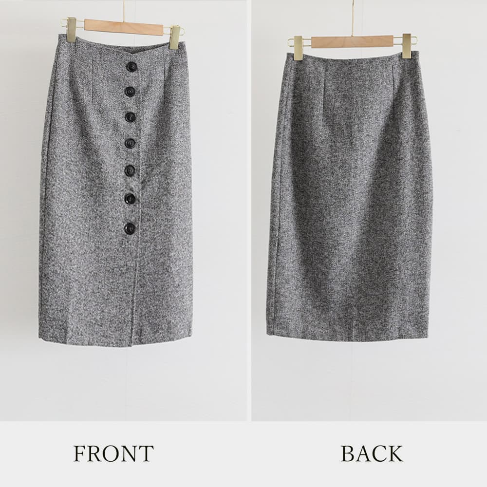 タイトスカート ツイード調フロントボタンひざ丈ペンシルスカート