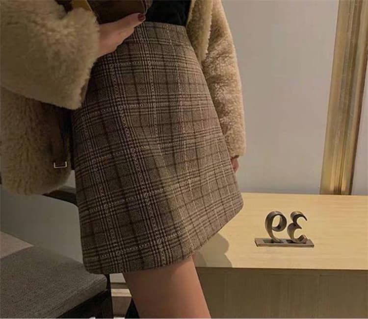 タイトスカート 大きいサイズ対応 格子縞ハイウエストミニスカート上品