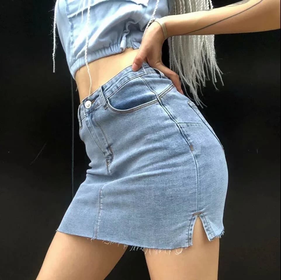 タイトスカート デニムフリンジ裾タイトミニスカート