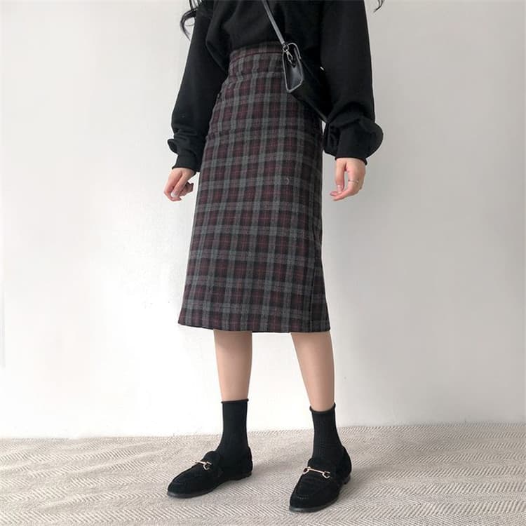 チェック柄ひざ丈ハイウエストタイトスカート学院風