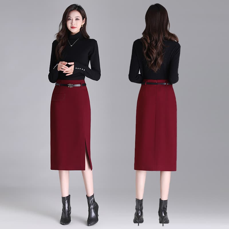 タイトスカート 上品なベルト付きスリット入りタイトスカート