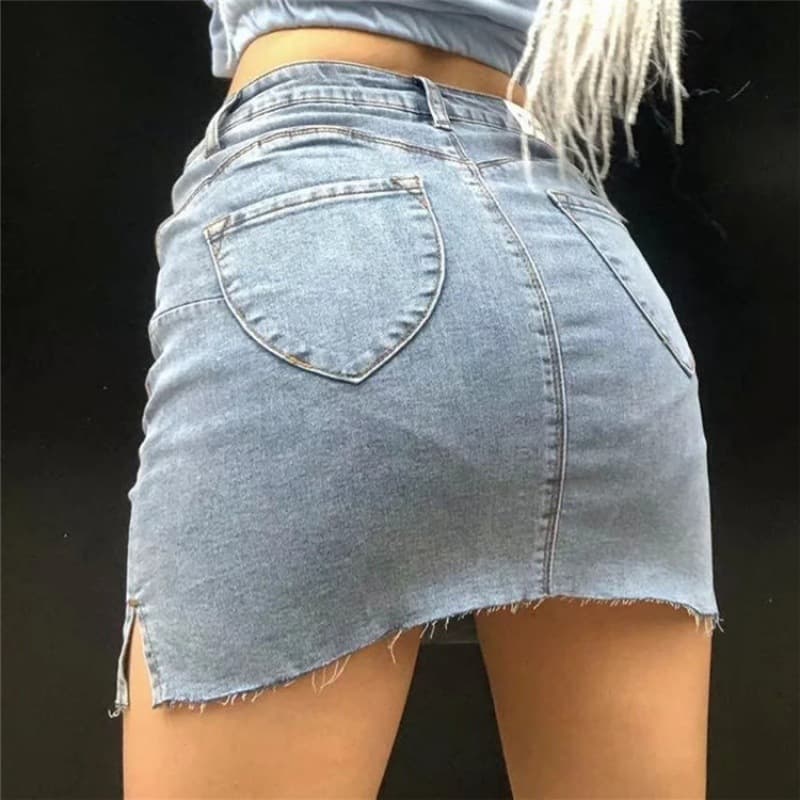 タイトスカート デニムフリンジ裾タイトミニスカート