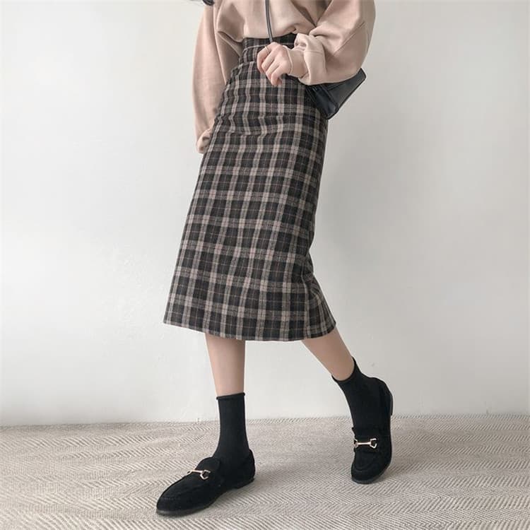 チェック柄ひざ丈ハイウエストタイトスカート学院風