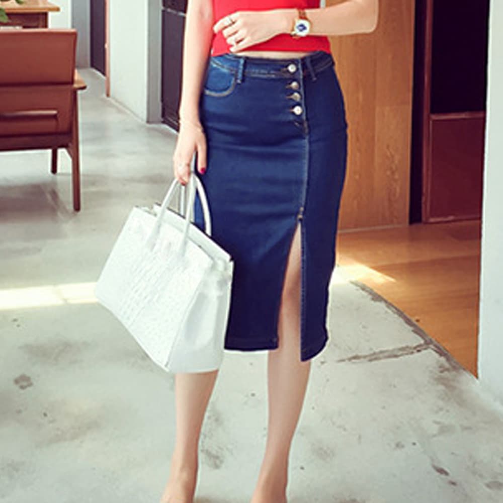 デニムロングスカート スリット入りタイトスカート