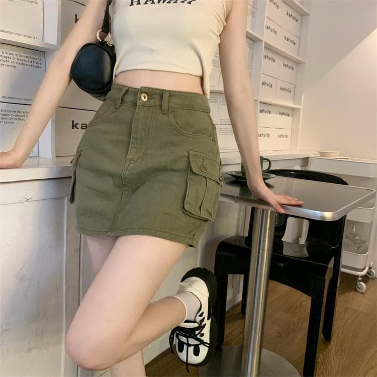 タイトスカート カーゴポケット付きデニム風タイトミニスカート