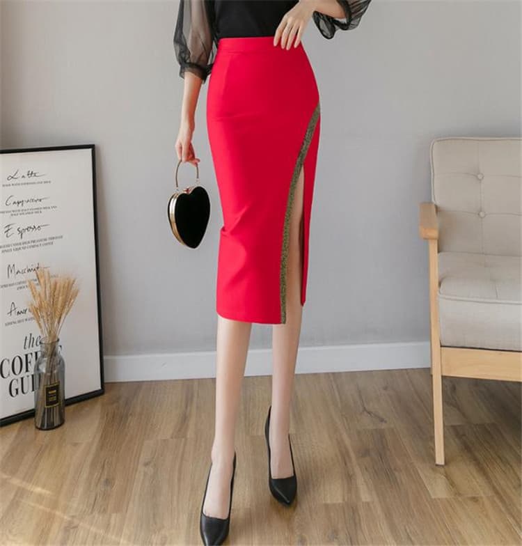 レース切り替えスリット入りひざ丈タイトスカート