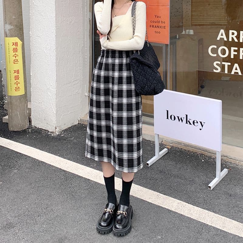 タイトスカート クラシック格子柄タイトロングスカート
