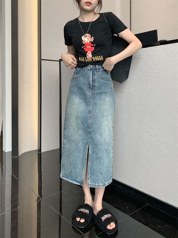 タイトスカート ヴィンテージウォッシュデニムタイトロングスカート