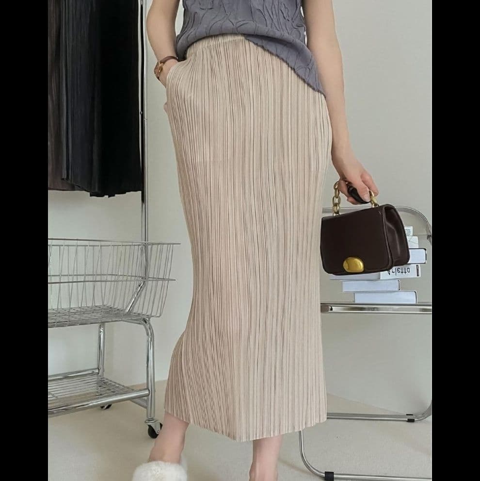 タイトスカート 縦プリーツデザインタイトロングスカート
