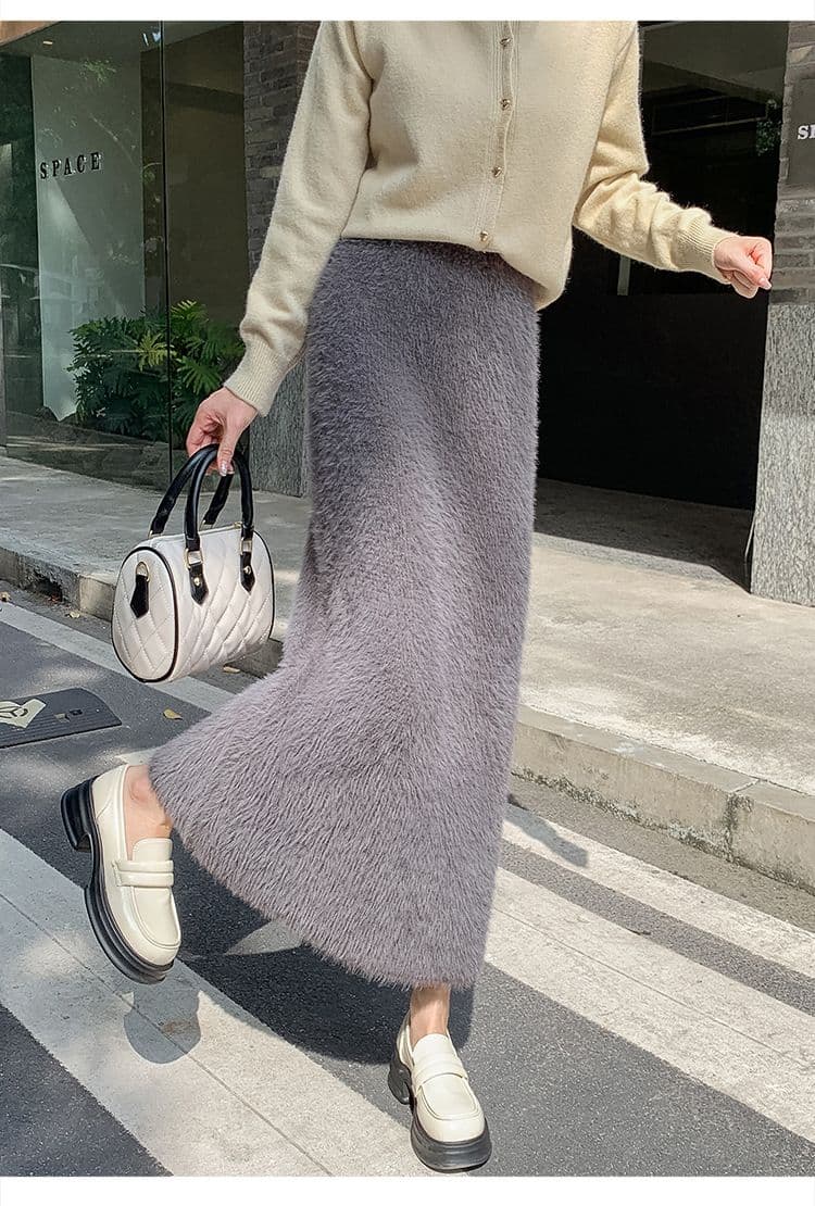 タイトスカート ふわふわモヘア風ウール素材ロング丈タイトスカート