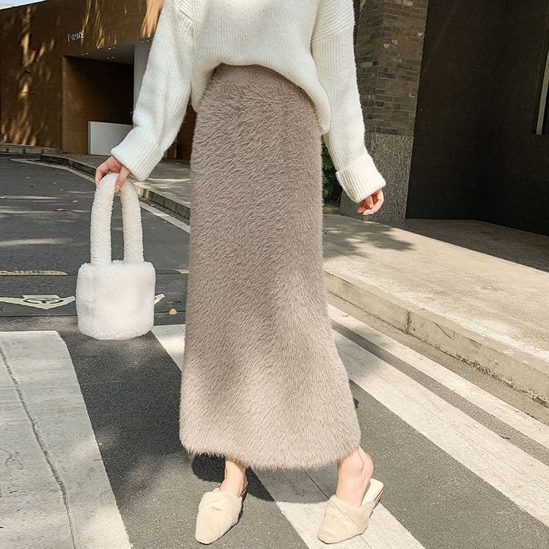 タイトスカート ふわふわモヘア風ウール素材ロング丈タイトスカート