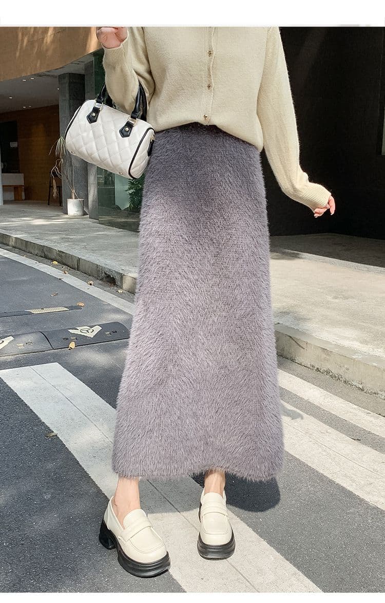 タイトスカート ふわふわモヘア風ウール素材ロング丈タイトスカート