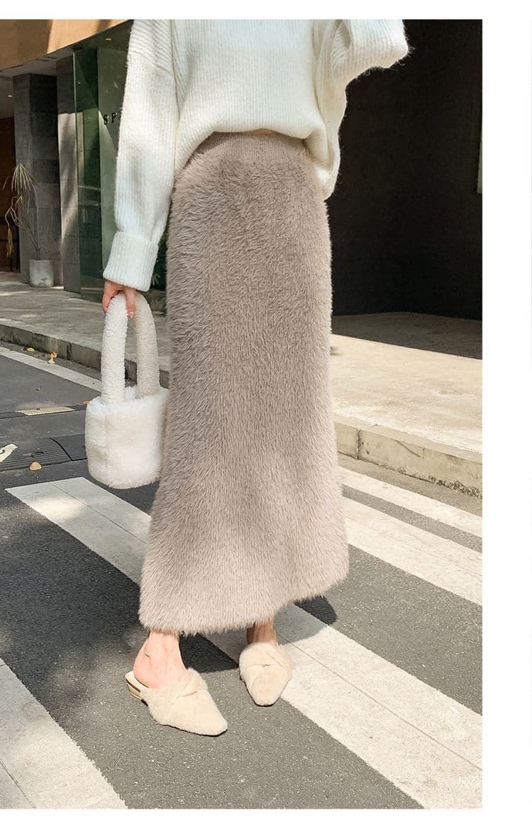 タイトスカート ふわふわモヘア風ウール素材ロング丈タイトスカート