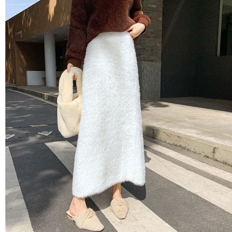 タイトスカート ふわふわモヘア風ウール素材ロング丈タイトスカート