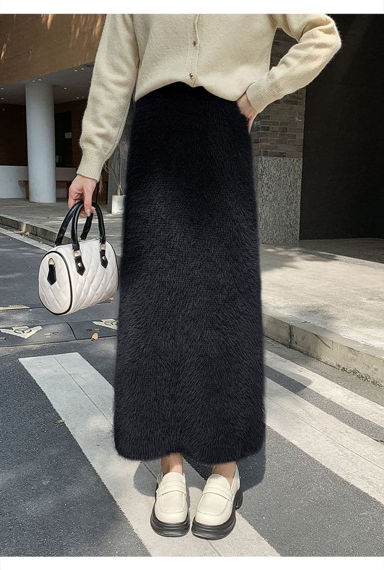 タイトスカート ふわふわモヘア風ウール素材ロング丈タイトスカート