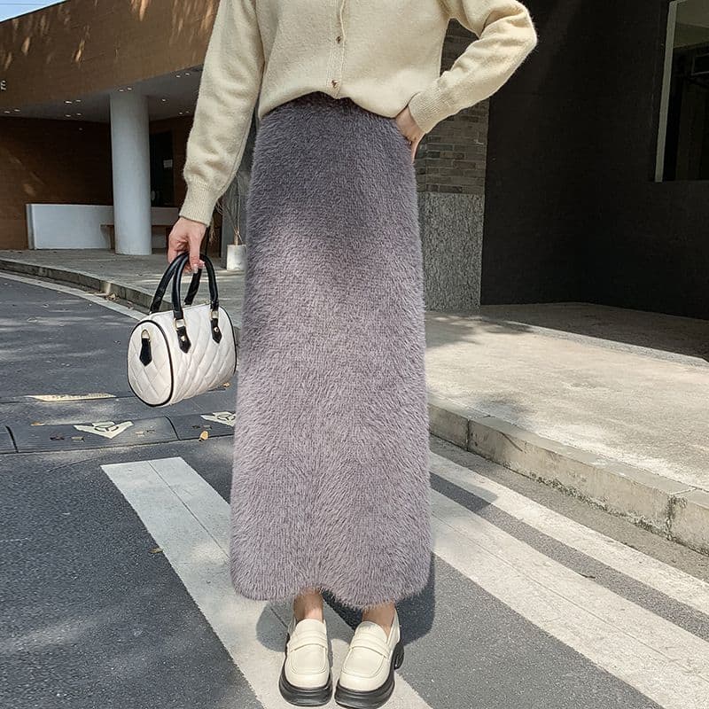 タイトスカート ふわふわモヘア風ウール素材ロング丈タイトスカート