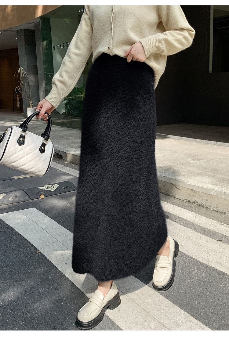 タイトスカート ふわふわモヘア風ウール素材ロング丈タイトスカート