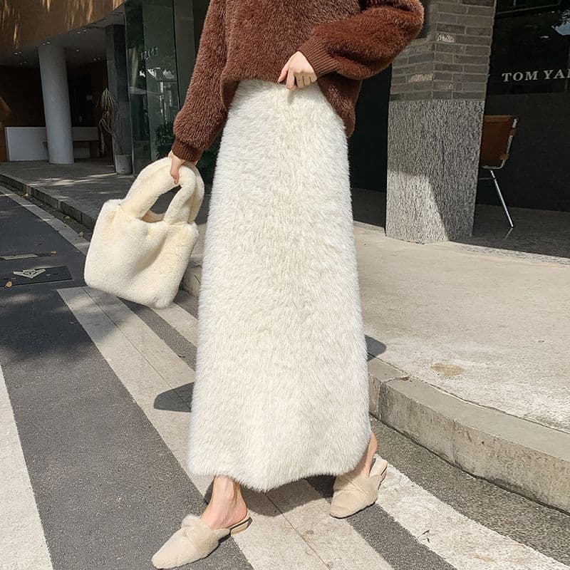 タイトスカート ふわふわモヘア風ウール素材ロング丈タイトスカート