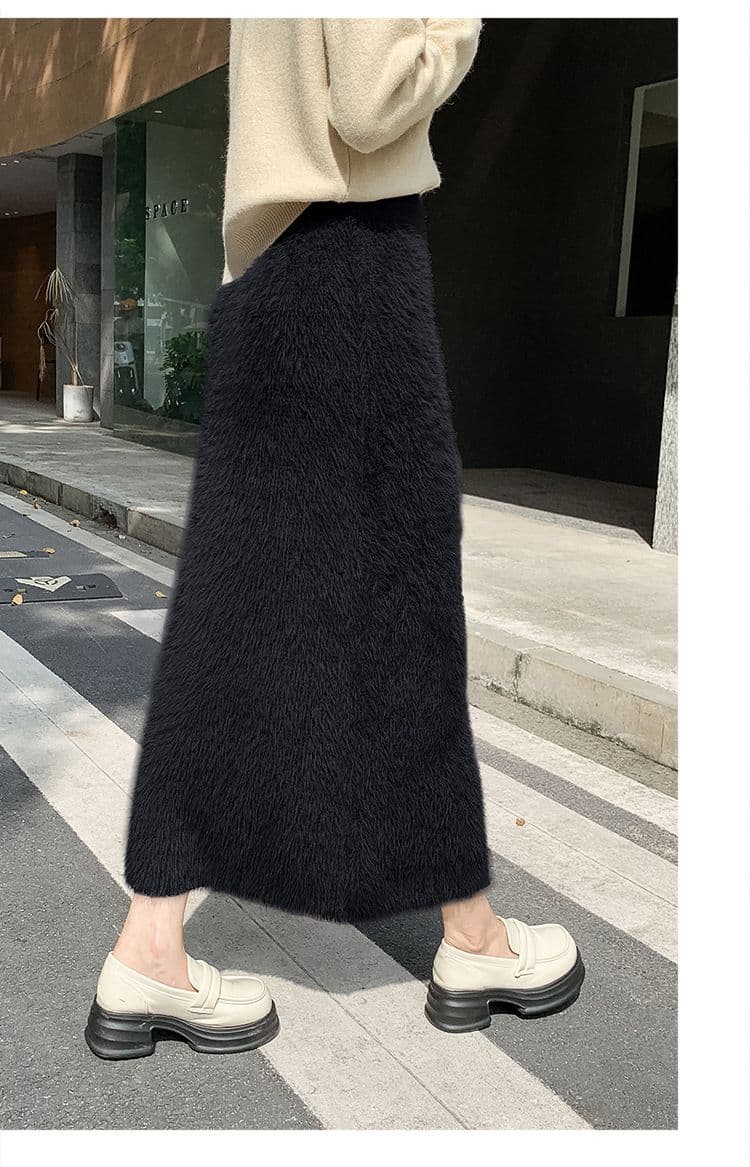 タイトスカート ふわふわモヘア風ウール素材ロング丈タイトスカート
