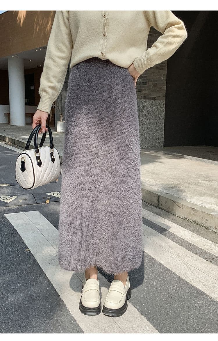 タイトスカート ふわふわモヘア風ウール素材ロング丈タイトスカート