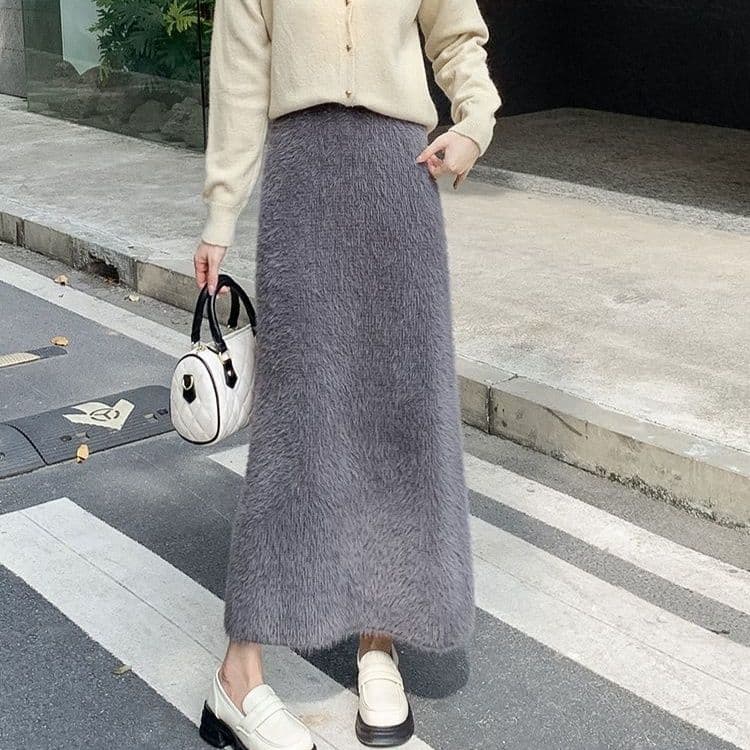 タイトスカート ふわふわモヘア風ウール素材ロング丈タイトスカート