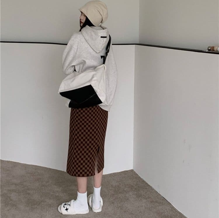 暖かい厚手市松模様ハイウエストロングタイトスカート