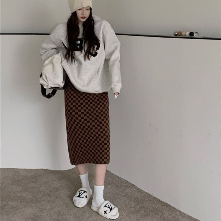 暖かい厚手市松模様ハイウエストロングタイトスカート